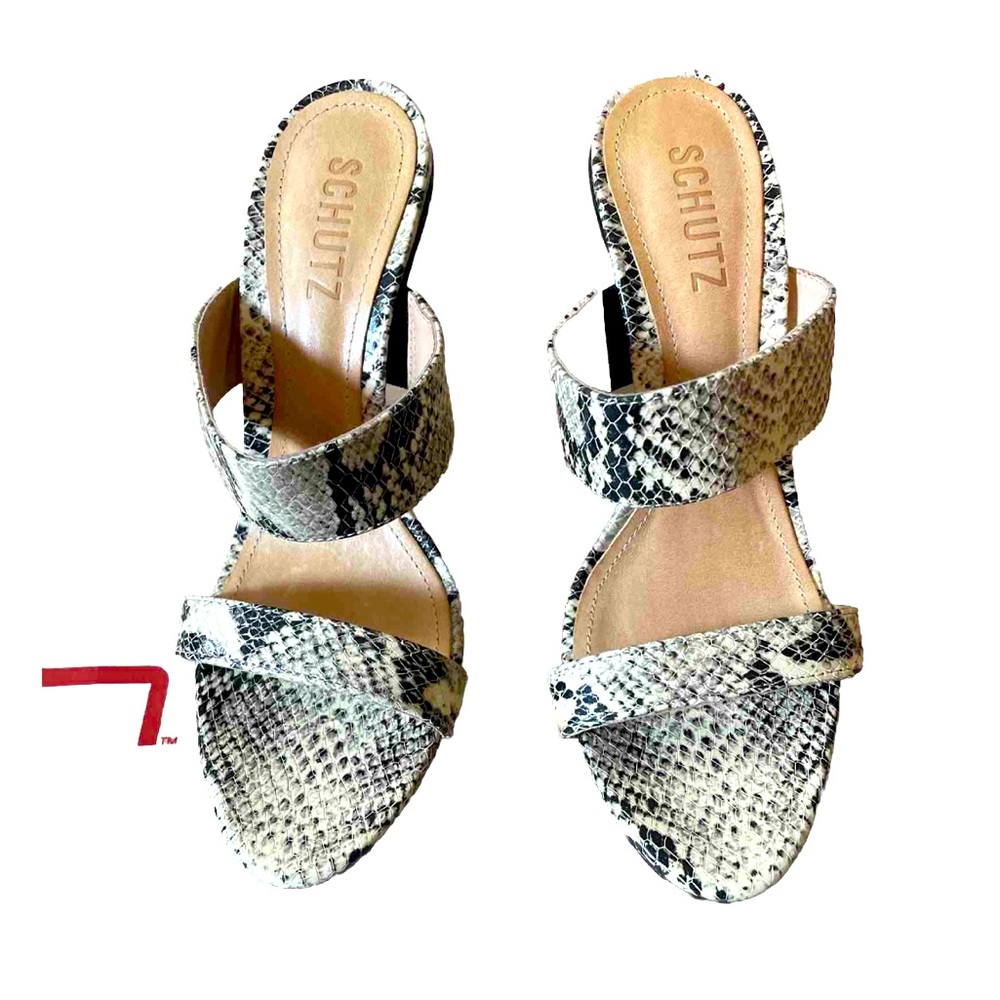 Schutz Leia sandal natural snake high heel mules black cream 4”